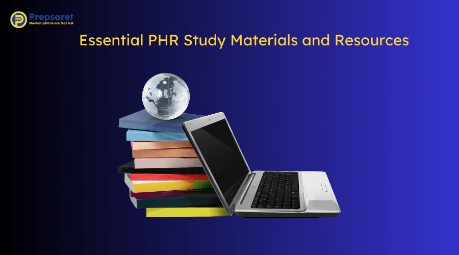 A depiction of Essential PHR Study Materials and Resources such as books and online platforms