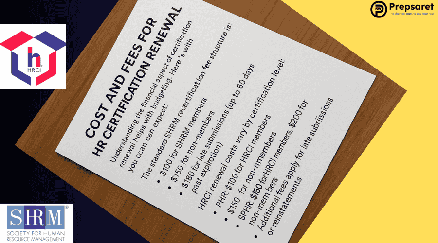 Breakdown of HR certification renewal costs, including fees for SHRM and HRCI recertification, with details on standard and member pricing.