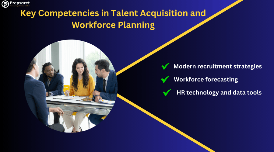 A picture showing HR leaders in a meeting and a summary of the Key Competencies in Talent Acquisition and Workforce Planning
