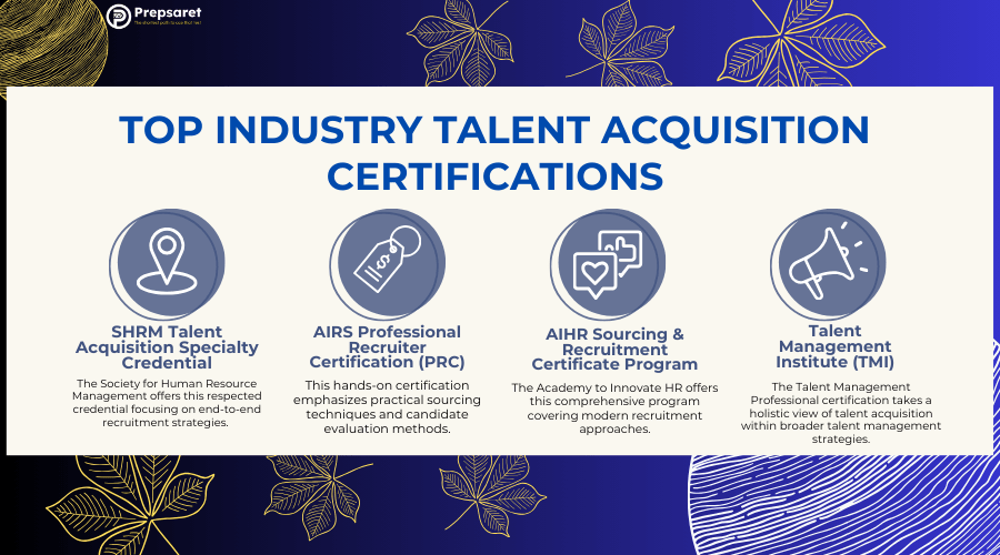 Overview of top talent acquisition certifications, including SHRM, AIRS, AIHR, TMI, and ATD, with focus areas like recruitment strategy, sourcing, tech tools, and talent development.