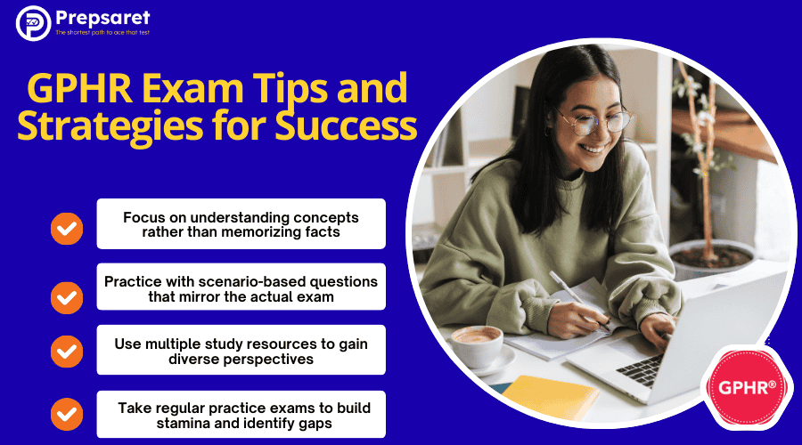 A person studying for the GPHR exam using various resources 