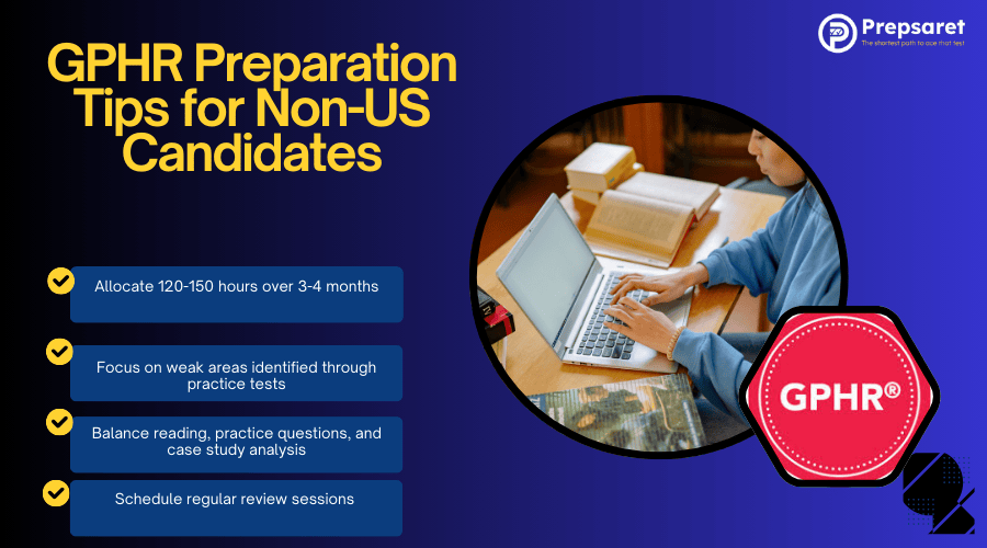 A person preparing for the GPHR exam using various study resources
