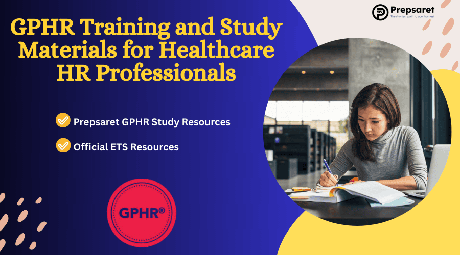 A person Preparing for the GPHR exam using various resources