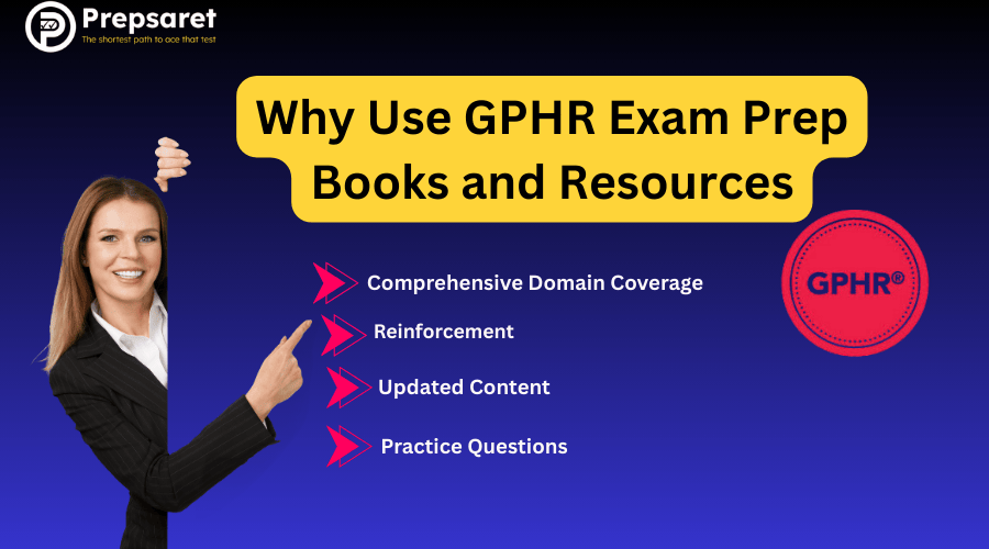 Professional pointing to reasons for using GPHR exam prep books and resources.
