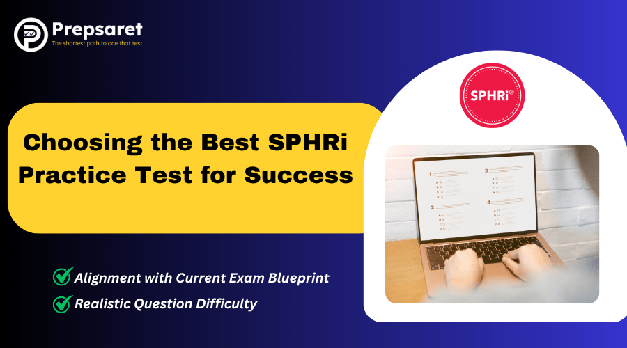 An SPHRi practice test displayed on a laptop screen