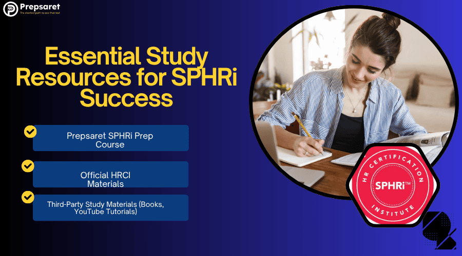 Essential study resources for SPHRi exam success featuring SPHRi prep course, HRCI materials, and third-party books with student studying at desk.