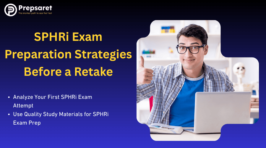 SPHRi exam preparation strategies before a retake featuring student studying with laptop and giving thumbs up, highlighting tips for SPHRi retake success.