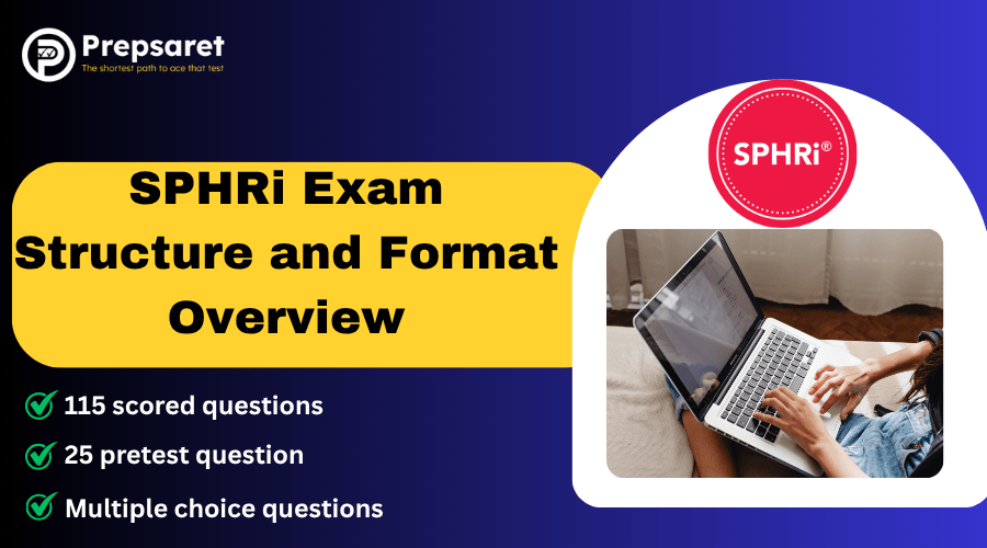 SPHRi exam structure and format overview showing question types and details, with student studying on laptop for SPHRi preparation.
