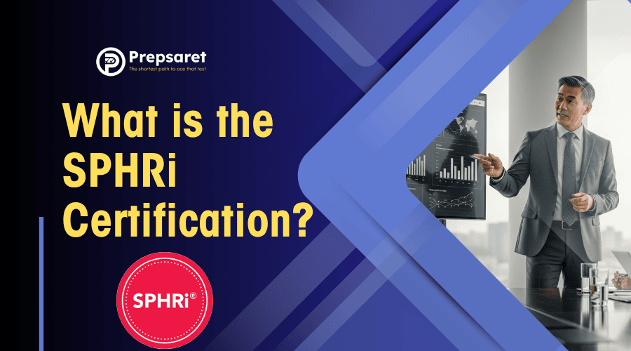 Overview of the SPHRi certification, featuring sections on eligibility requirements, exam fees, format details, content outline, and preparation tips with icons and brief descriptions.