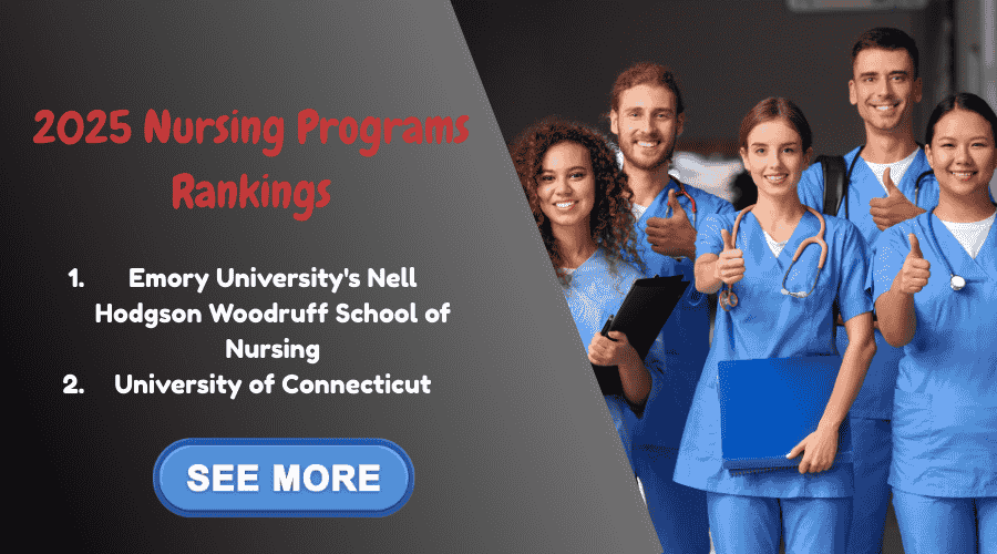 Infographic showing 2025 Best Nursing Programs Rankings: Emory University ranked 1st, followed by University of Connecticut (UCONN) in top positions for online nursing education.