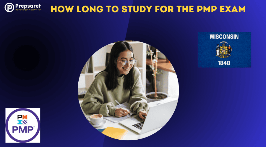 A PMP candidate studying for the certification exam on a laptop