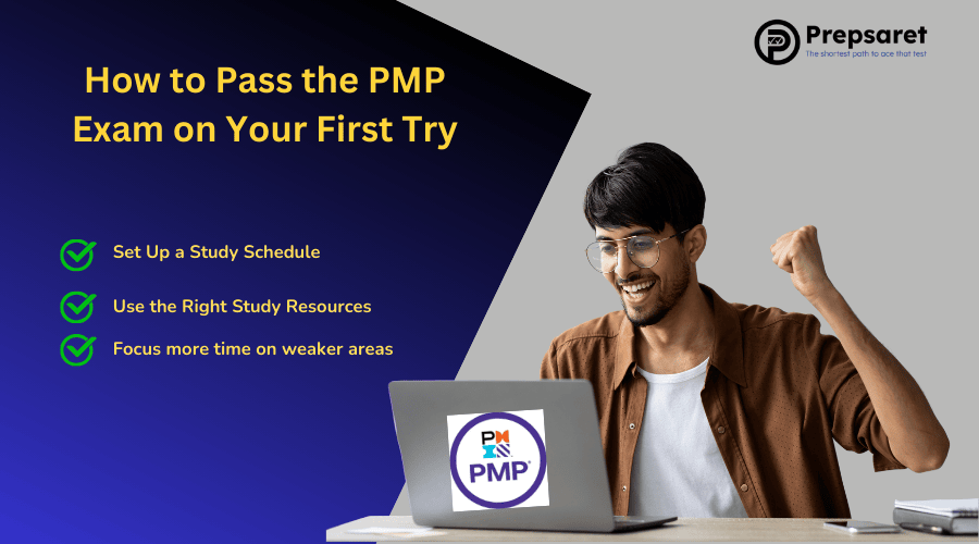 A PMP Candidate celebrating after checking his test results on a laptop 