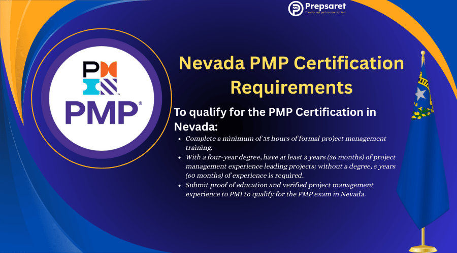 PMP certification requirements in Nevada, including options based on education level: four-year degree with 36 months of project management experience or high school diploma with 60 months of experience, plus 35 hours of project management education or CAPM certification.