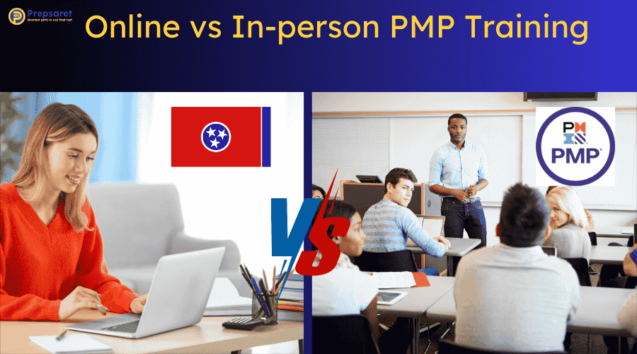 A PMP candidate preparing for the exam online using a laptop and PMP candidates attending an in-person training class