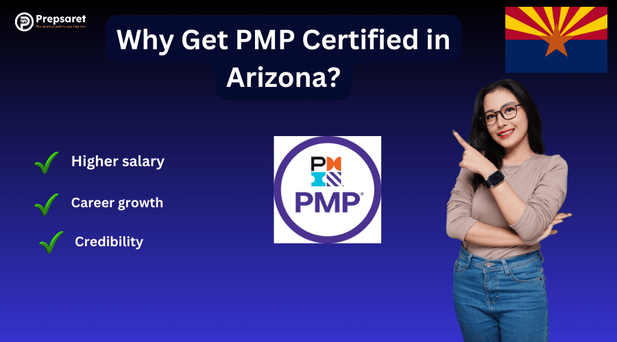 A PMP candidate pointing to the benefits of getting PMP certified in Arizona and the Arizona state flag