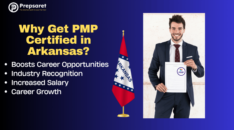 Professional holding a PMP certificate next to the Arkansas state flag, with text highlighting benefits of PMP certification in Arkansas.