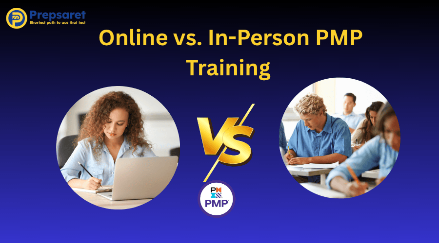 Students preparing for the PMP exam by comparing online and in-person training options.
