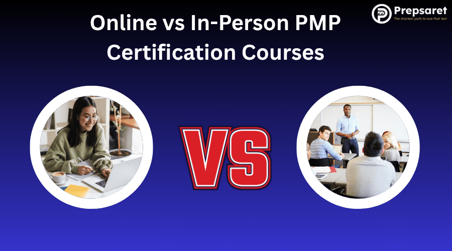 A PMP candidate studying on a laptop and PMP candidates in a classroom
