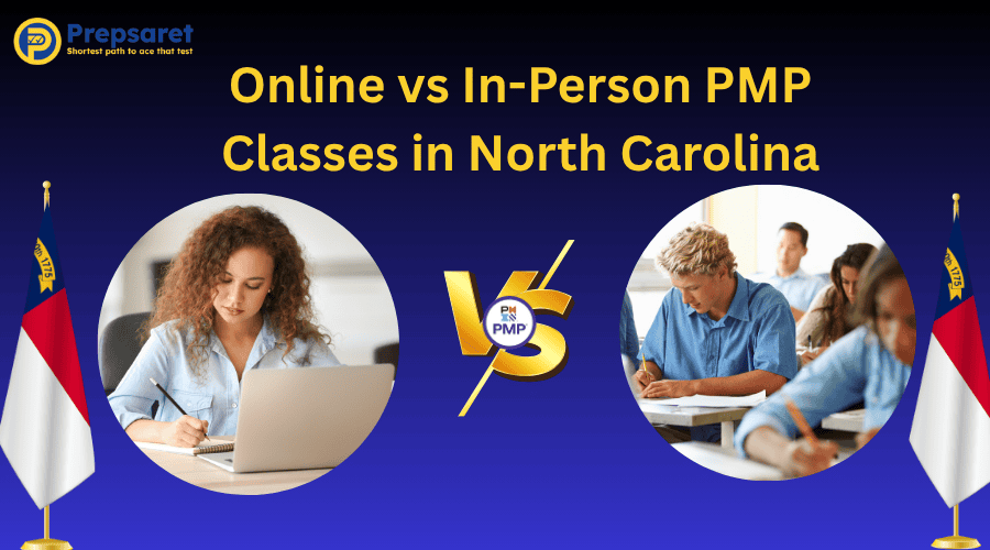 key differences between online and in-person PMP certification classes in North Carolina, including aspects like flexibility, cost, instructor access, networking, and learning environment.