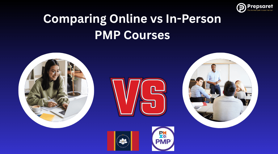 A PMP exam candidate preparing for the exam online versus PMP exam candidates attending a class