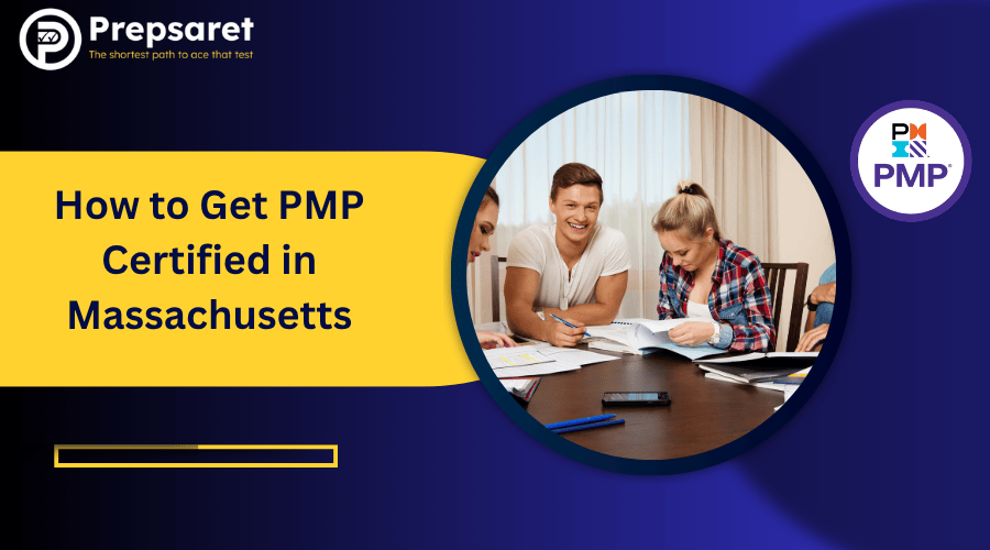 Students reviewing the steps to get PMP certified in Massachusetts.