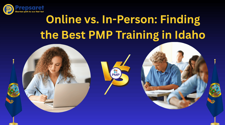 Side-by-side comparison showing key differences between online and in-person PMP training programs in Idaho