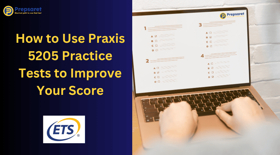 A person using the Prepsaret Praxis 5205 practice test on a laptop