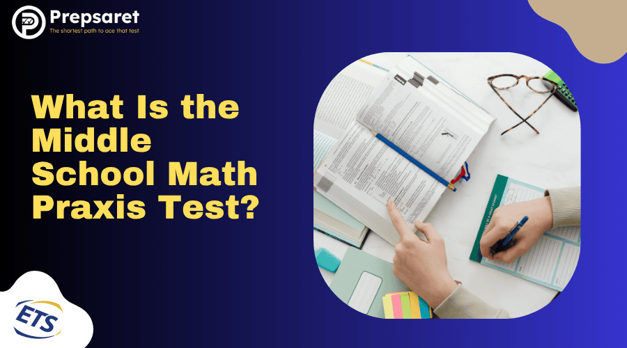 A person taking the Middle School Math Praxis Test, reviewing questions and answers.