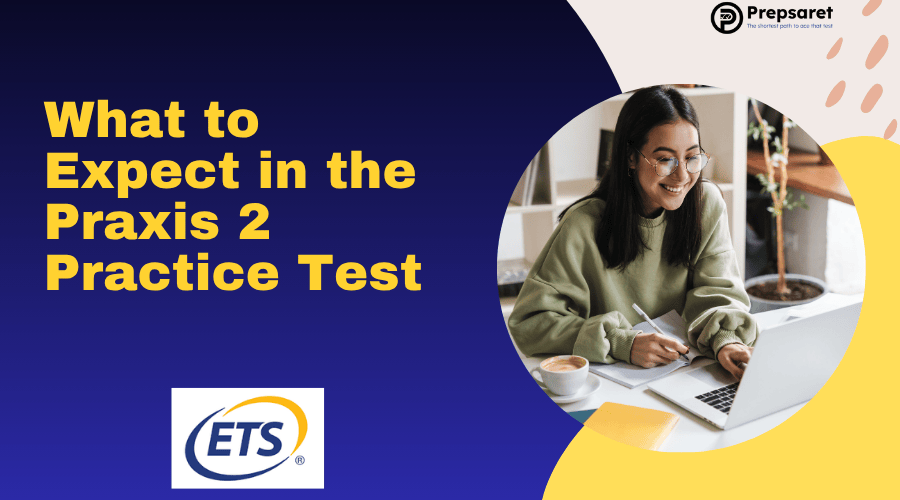 A student sitting at a desk taking the Praxis II practice test.