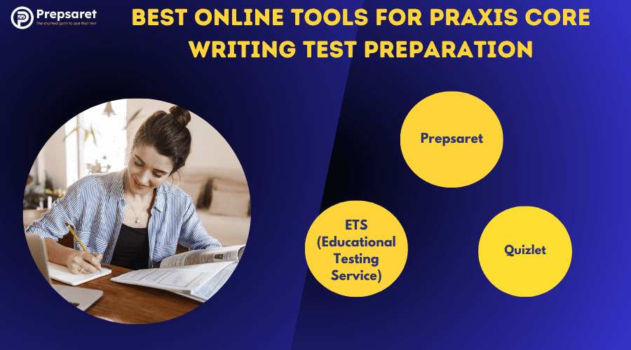 A person preparing for the Praxis core writing test using various resources