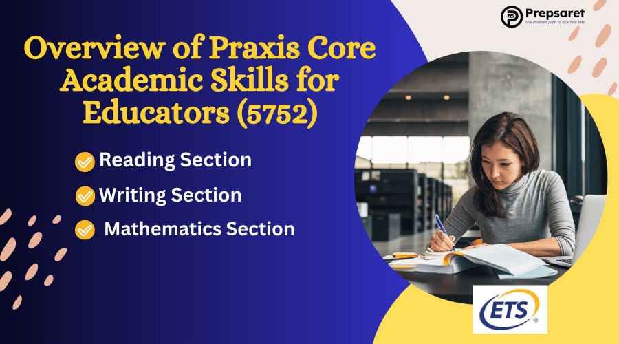 an overview of the Praxis Core Academic Skills for Educators (5752) exam, highlighting test sections, question types, and timing.