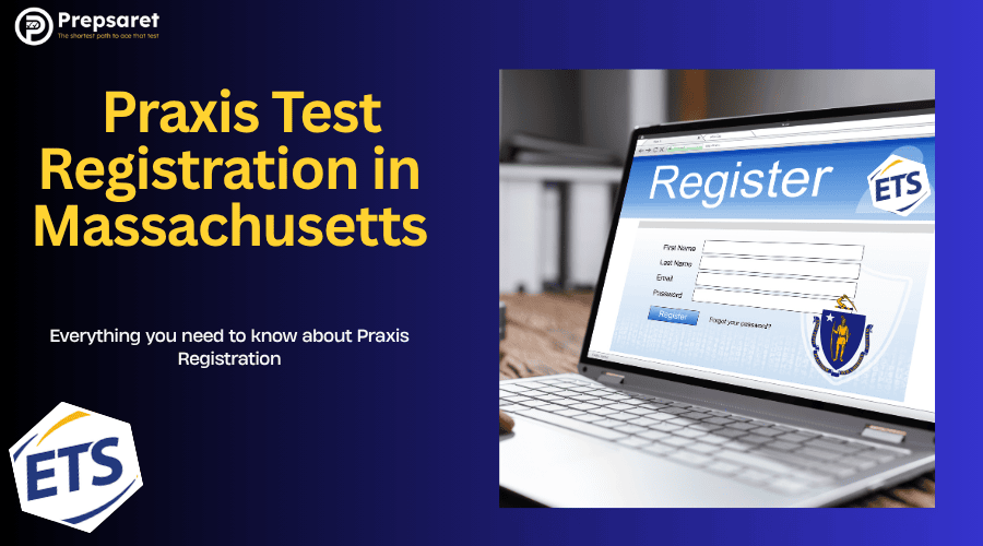 A person registering for the Praxis test online in Massachusetts using a laptop. 