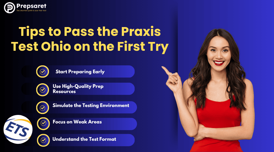 Person pointing to a list of tips for passing the Praxis test in Ohio on the first try.