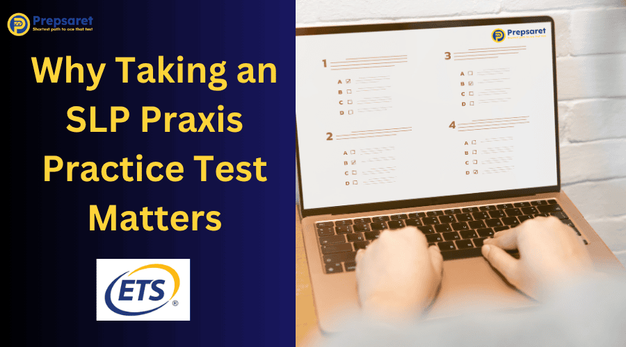 A  person taking the Prepsaret SLP Praxis Practice test on a laptop