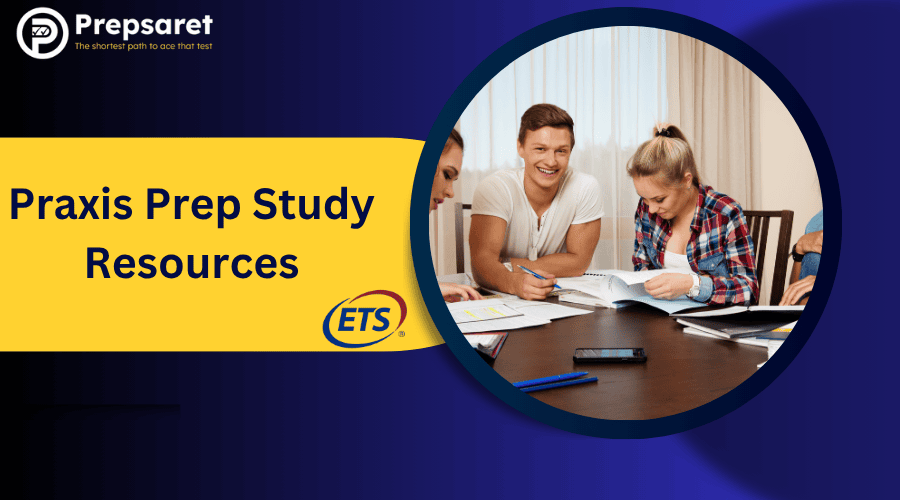 Students preparing for the Praxis exam using various preparation materials.