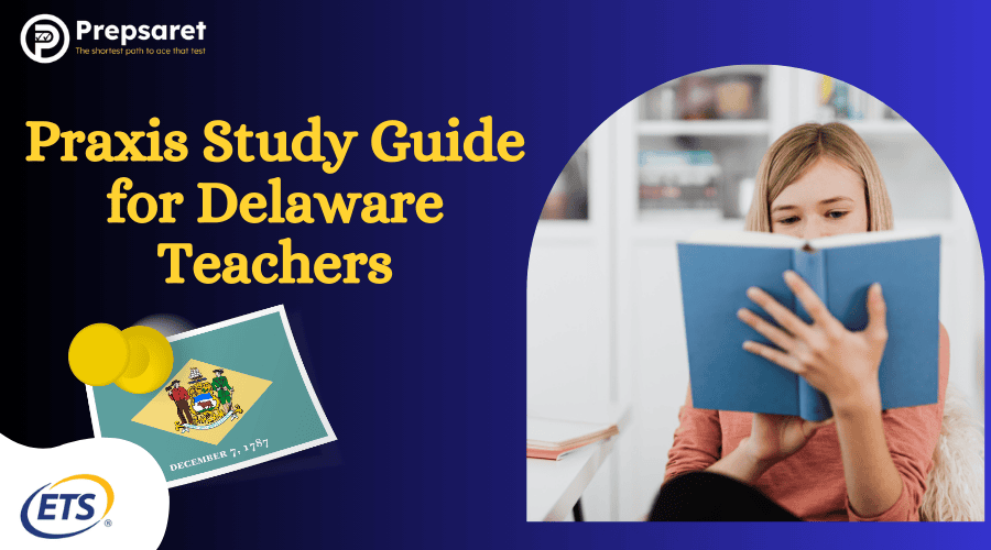 Student holding a Praxis study guide and preparing for the Praxis exam in Delaware.