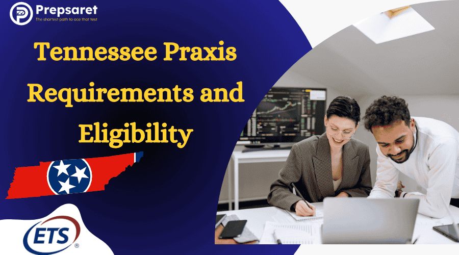 Students reviewing the Tennessee Praxis teaching certification exam requirements on a laptop.