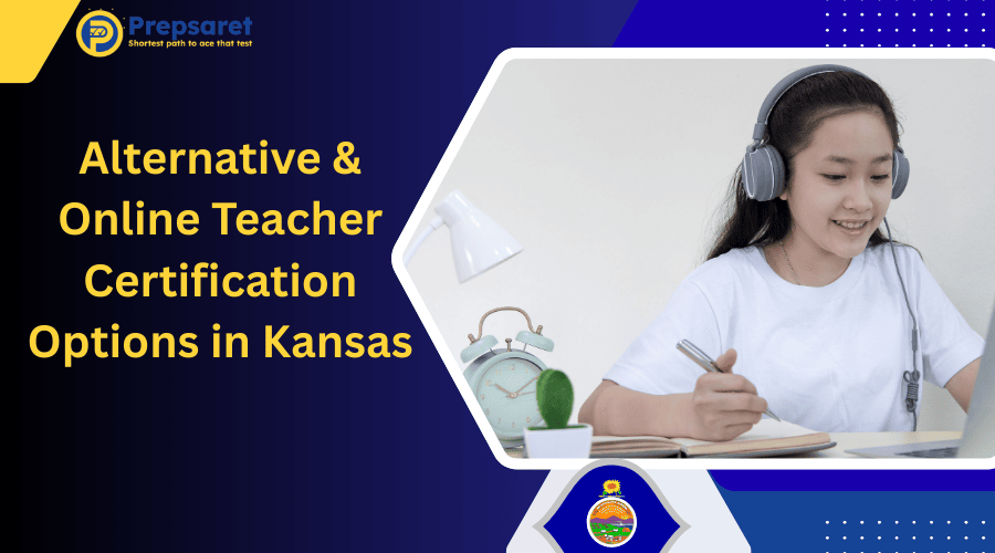Alternative and online teacher certification options in Kansas featuring student studying with headphones and laptop at desk.