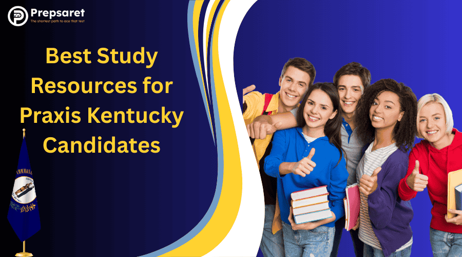 Students carrying best study materials and actively using books to study and prepare for the Kentucky Praxis test.