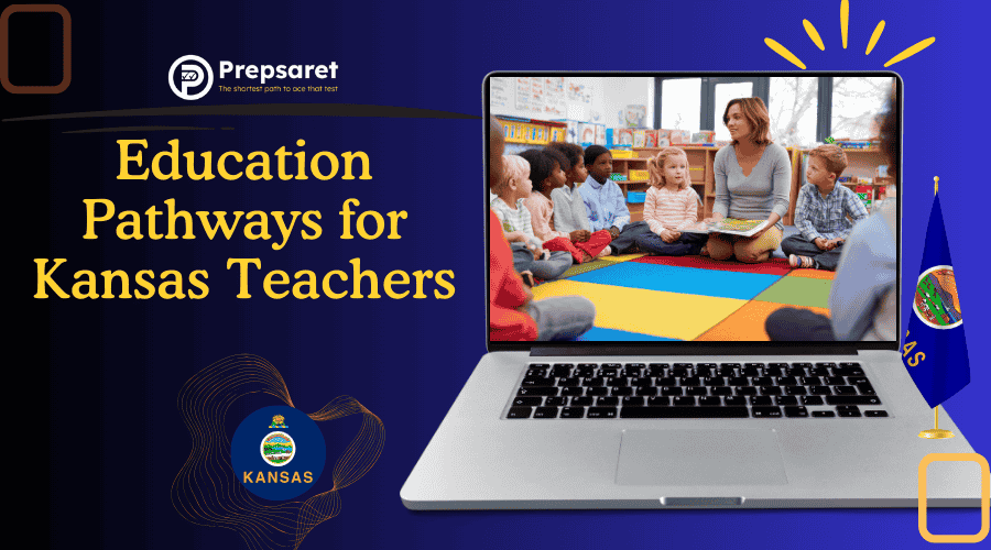 Education pathways for Kansas teachers featuring teacher reading to diverse group of young students in colorful classroom.