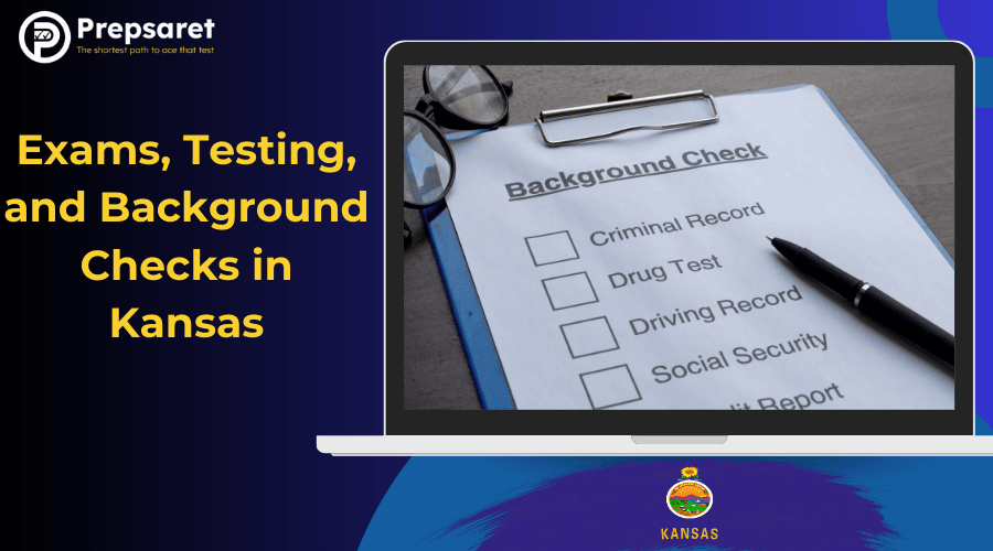Exams, testing, and background checks for Kansas teachers featuring laptop with checklist on criminal record and drug test.