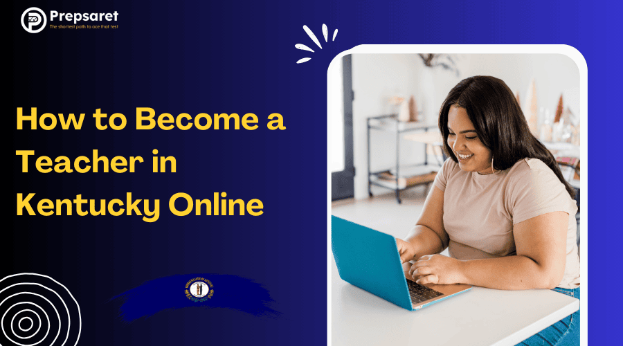 Student smiling and using laptop at desk while learning how to become a teacher online in Kentucky.