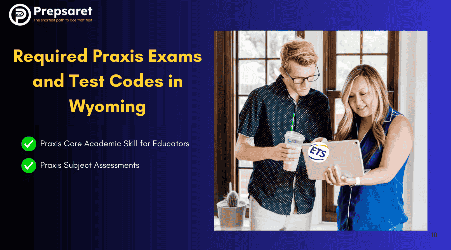 Students checking required Praxis exams and test codes in Wyoming on a laptop