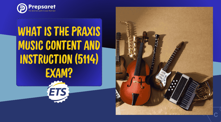 the Praxis Music: Content and Instruction (5114) Exam, highlighting major sections such as music theory, performance, instructional practices, and music history, with icons or brief descriptions for each area.