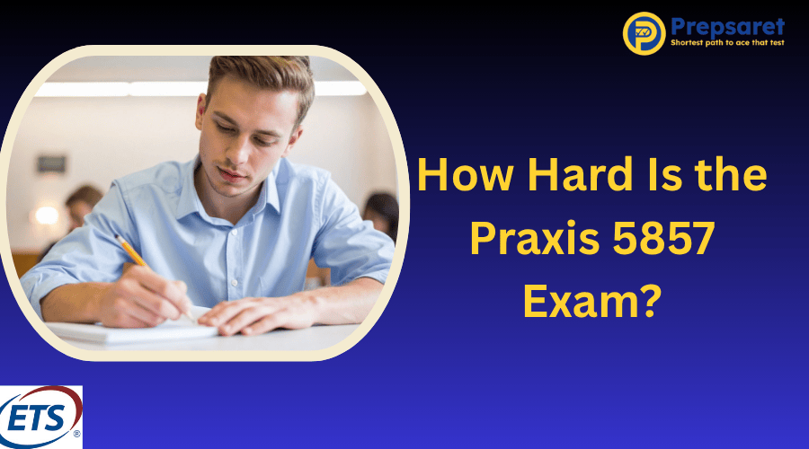 Student sitting in a classroom writing an exam with focus and determination, representing the difficulty and challenge of the Praxis 5857 test.