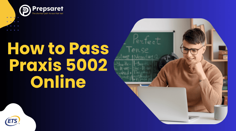 Man studying online with laptop and coffee cup in front of a classroom board, preparing and learning how to pass the Praxis 5002 exam online effectively.