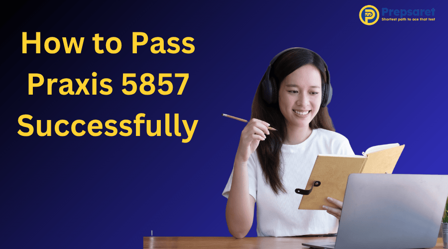 Focused student studying with laptop, notebook, and headphones while learning practical tips and strategies on how to pass the Praxis 5857 exam successfully.