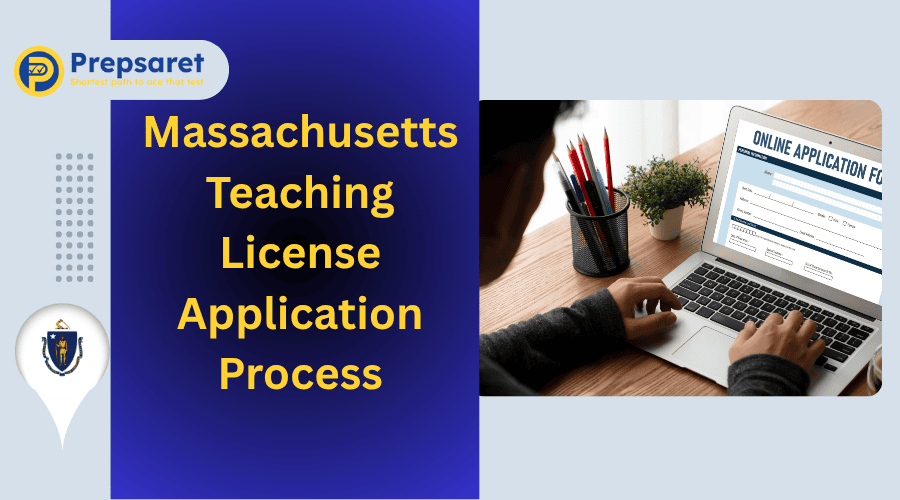 Massachusetts teaching license application process, person completing online teacher license form on laptop, step-by-step guide.