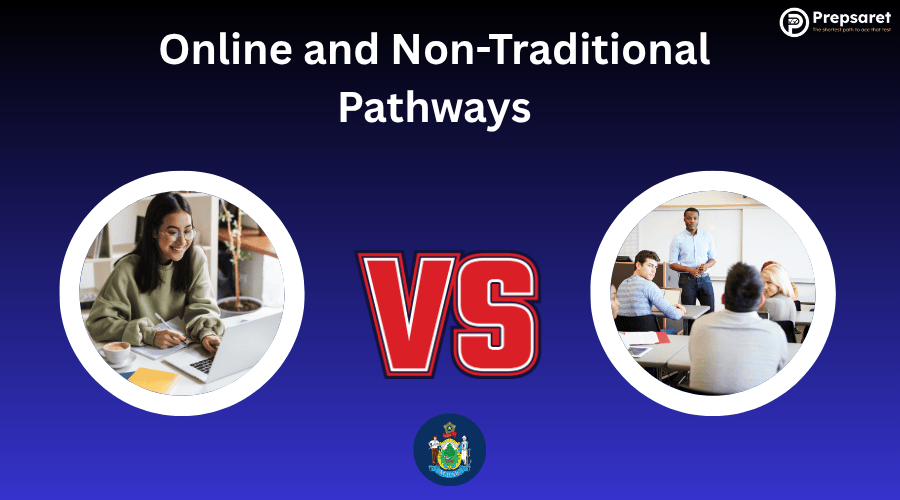 A person studying for the Praxis online versus people in a classroom