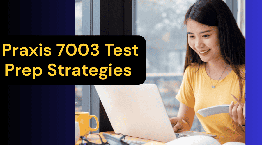 Student studying with a laptop and calculator at a desk, learning effective Praxis 7003 test prep strategies to improve math exam performance.